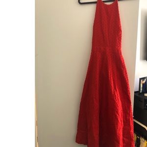 Red Madewell halter dress with tie in the back.